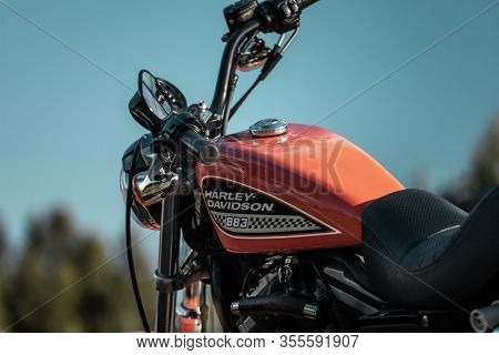 Russia-july 7, 2018: Orange Harley-davidson Sportster 883 Roadster Stock Photo