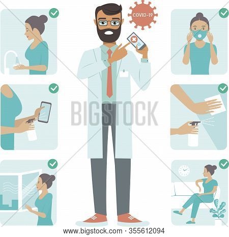 Covid-19 Virus Protection Tips. Doctor Character Pointing On Phone Screen. Coronovirus Alert.  Set O