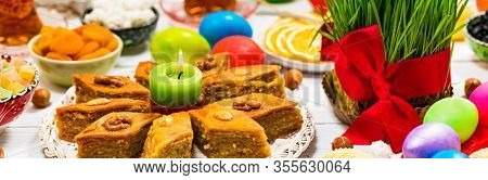 Colored Eggs, Wheat Springs For Easter And Traditional Sweets For Novruz Ramadan In Azerbaijan. Sele