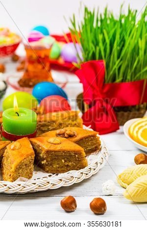 Colored Eggs, Wheat Springs For Easter And Traditional Sweets For Novruz Ramadan In Azerbaijan. Sele