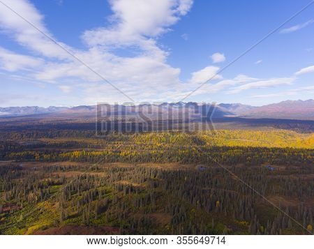 Denali And Alaska Range Mountains Aerial View Over The Cloud In Fall, Near Denali State Park, Alaska