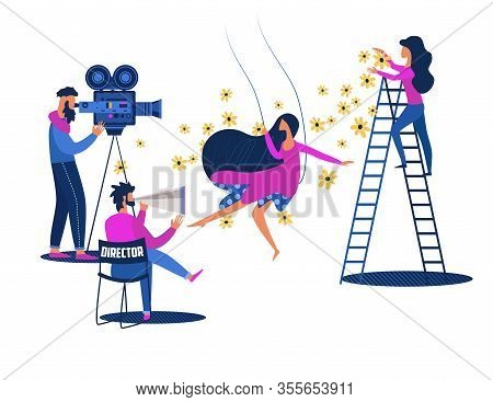 Romantic Film Scene Shooting Process With Staff And Equipment. Filming Director In Chair With Megaph