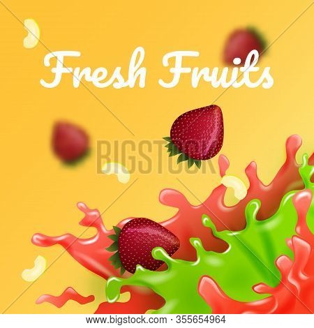 Apple And Strawberry Drops In Color Juice. Vector Illustration. Fruity Filler. Fresh Multi Fruits. A