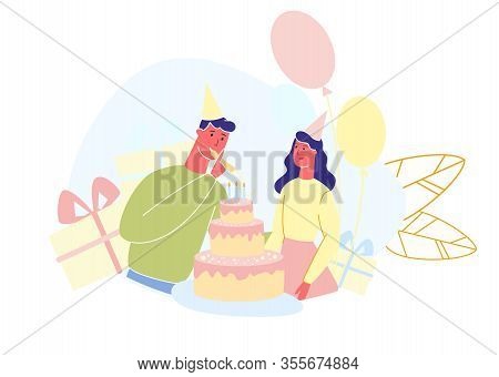 Man And Woman Celebrate Birthday. Birthday Party. Family Celebration. Vector Illustration. Care Inti