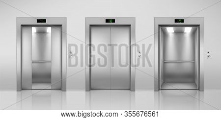 Realistic Elevators With Opened And Closed, Half-open Doors. Steel Lift In Modern Interior With Up A