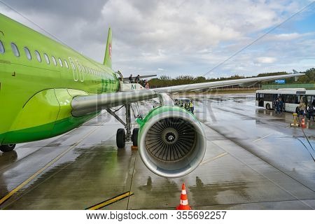 BERLIN, GERMANY - CIRCA SEPTEMBER, 2019: close up shot of S7 Airbus A320-214 on tarmac at Berlin Tegel 