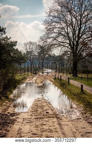 Flooded Land And Puddles On The Muddy Trails After A Wet Rainy Winter Season, Photo Taken In Early S