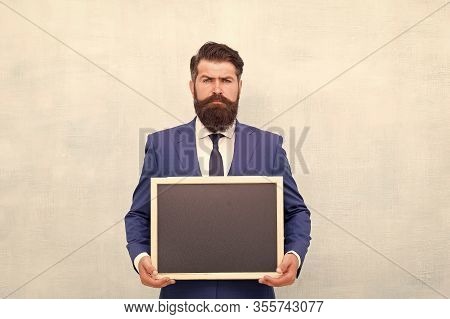 Professional Academy. Businessman Hold School Blackboard. Business Education. Study Business. Educat