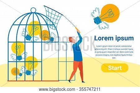 Collecting Ideas Flat Vector Landing Page Template. Cartoon Man With Butterfly Net Keeping Winged Li