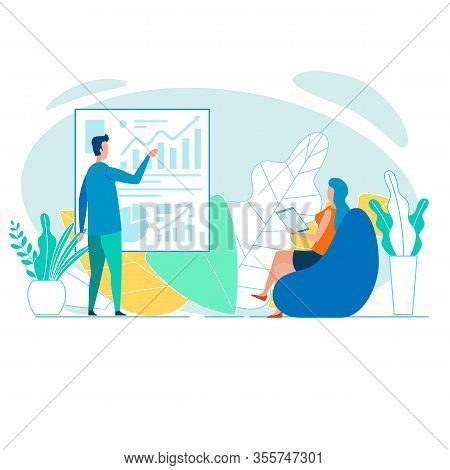 Colleagues Discussing Data, Presented In Diagrams. Vector Illustration.