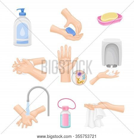Hand Washing And Cleansing Using Soap And Antibacterial Wet Wipes Vector Illustrations Set