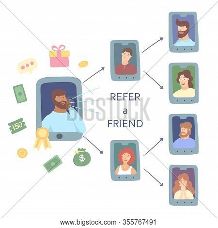 Refer A Friend Concept. Attract Friend. Dark Skinned Man Attract Her Friend From The List Of Contact