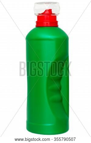 Green Unlable Plastic Bottle For Detergent With A Transparent Cap And A Red Dispenser, Isolated Obje