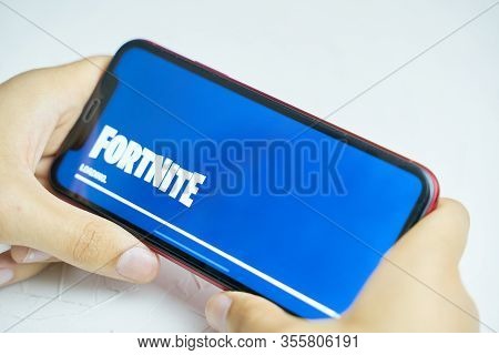 Bishkek, Kyrgyzstan - June 06, 2019: Downloading Screensaver. Waiting Download A Game Fortnite. Fort