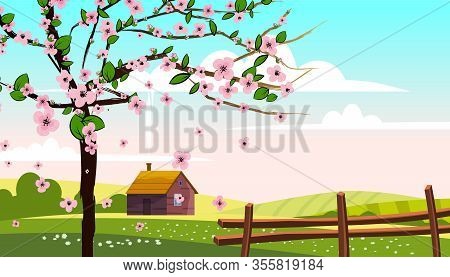 Lovely Countryside Landscape Farm House Hut Fence Bloming Tree Green Hills Fields, Nature, Bright Co