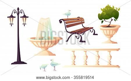 City Park With Fountain, Bench, Street Lamp And Vintage Fence. Vector Cartoon Set Of Outdoor Furnitu