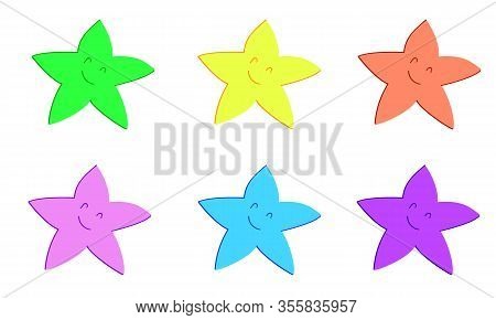Set Of Hand Drawn Flat Starfish Bright Colors With Smiles And Eyes. Underwater Inhabitants Of The Se