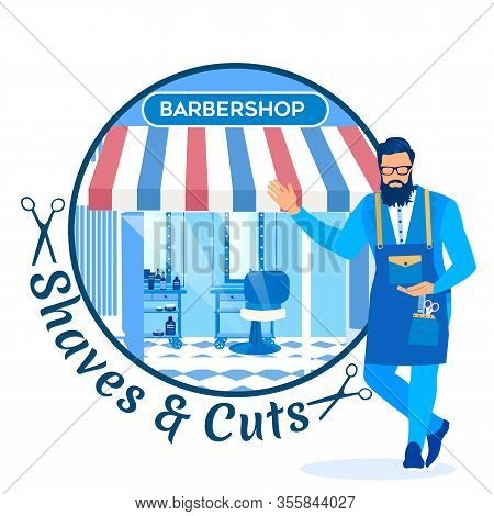 Shaves And Cuts Banner With Barker Stand In Front Of New Barbershop Window Inviting Customers Come I