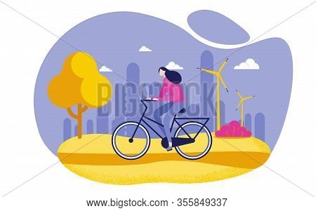 Woman Travels Riding Bicycle Flat Vector Illustration. Healthy Lifestyle, Outdoor Activities. Female