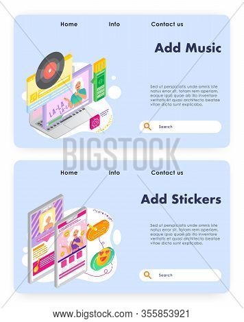 Music Karaoke. Vinyl Disk. Girl Uses Stockers And Smiles In Online Video Chat. Vector Web Site Desig