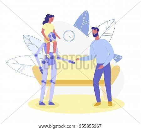 School Age Girl, Riding On Shoulders Anthropomorphic Robot, Saying Hello To Her Dad. Happy Inventive