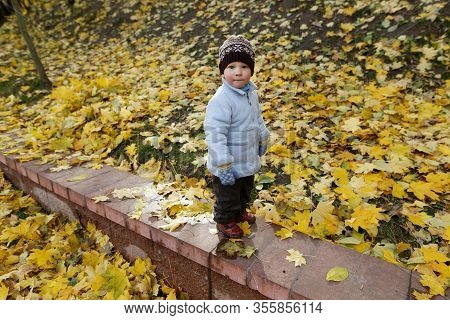 Little Child Stands On Parapet In Autumn