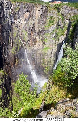 The Voringfossen Waterfall In Norway. Voringfossen Is The 83rd Highest Waterfall In Norway. It Is Lo