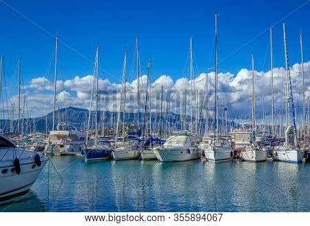 Corfu Island/greece- May 5, 2019: View Of Beautiful Gouvia Port Marina - Calm Sea, White Yachts And 