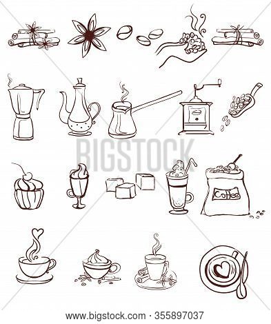 Set Of Vector Coffee Icons Isolated On White Background. Hand Drawing Doodle Style Coffee Illustrati