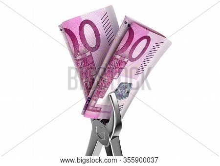 A Pair Of Medical Pliers Gripping A Rolled Up Pair Of Euro Bank Notes On An Isolated White Studio Ba