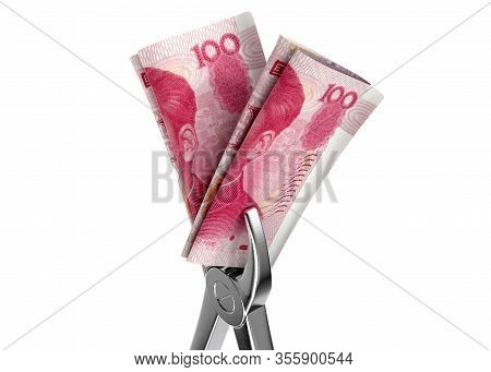A Pair Of Medical Pliers Gripping A Rolled Up Pair Of China Yuan Bank Notes On An Isolated White Stu