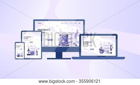 Online Pharmacy Web Banner On Differernt Device, Computer, Laptop