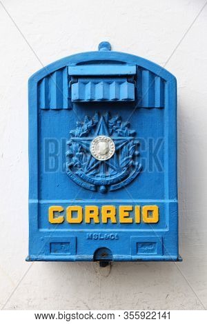 Paraty, Brazil - October 14, 2014: Vintage Correios Brazilian Post Service Blue Post Box In Paraty T