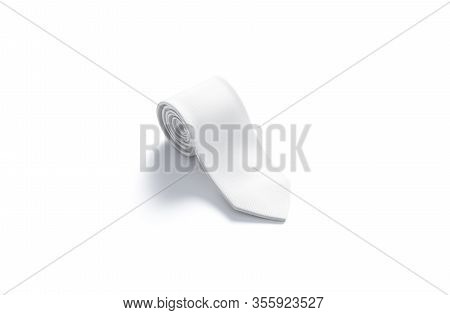 Blank White Rolled Neck Tie Mock Up, Side View, 3d Rendering. Empty Formal Twisted Neck-tie Mockup, 