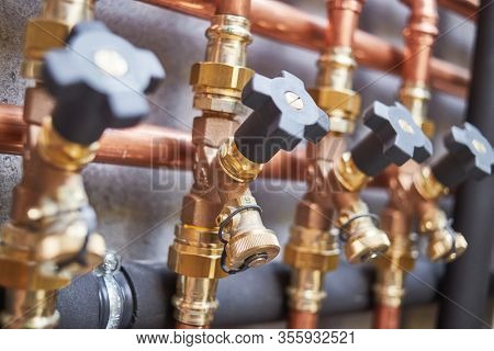 Plumbing service. copper pipeline of a heating system in boiler room