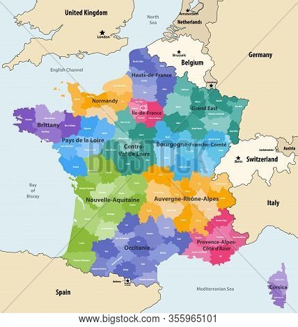 France Administrative Regions And Departments Vector Map With Neighbouring Countries And Territories