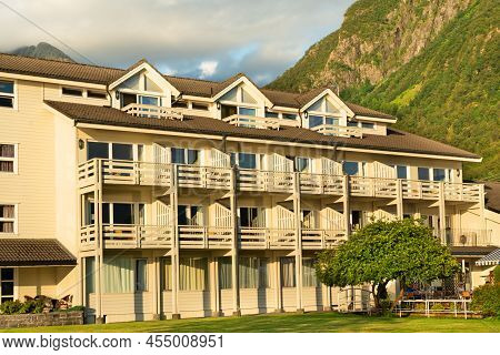 Rosendal, Norway - Sep 13, 2021: Rosendal Fjordhotel Building In Mountains.