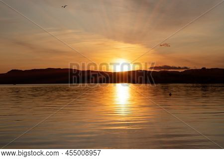 Natural Landscape With Sun Rays, Norway, Rosendal, Sunset Sea Fjord Mountain View, Rosendal