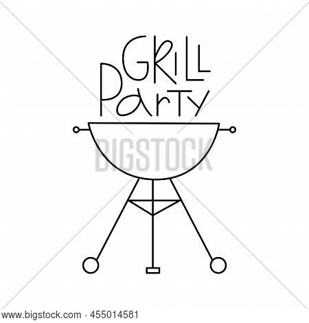 Barbecue, Grill Tool With Handwritten Lettering Sign Outline Set. Editable Stroke. Vector Stock Illu