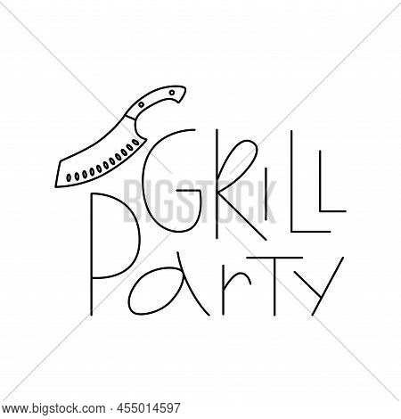 Barbecue, Grill Tool With Handwritten Lettering Sign Outline Set. Editable Stroke. Vector Stock Illu