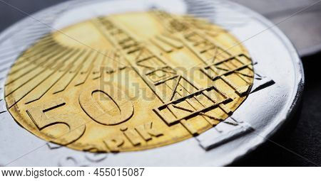 Azerbaijani Coin Of 50 Qepiks Close-up. Money Of Azerbaijan. News About Economy Or Finance. Loan And