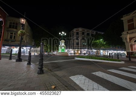 Whanganui New Zealand - April 9 2022; Watt Memorial Fountain In Center Of Intersection In Central Bu