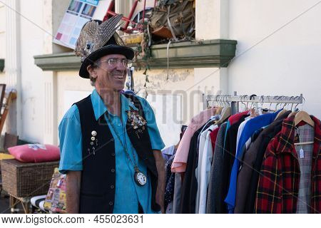 Wanganui New Zealand - April 9 2022; Man With Happy Smiling Disposition In Street Outside Secondhand