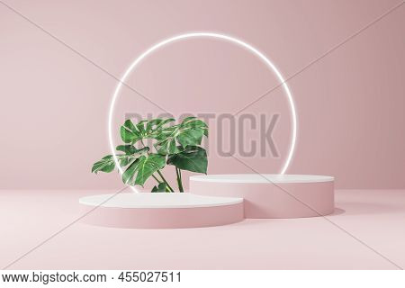 Summer Cosmetic Products Stand With Green Leaf Geometric Platforms. 3d Summer Product Background Sho