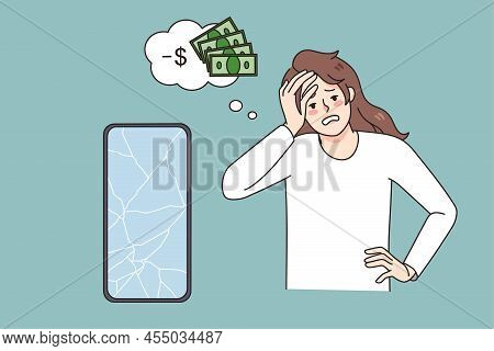 Distressed Young Woman Frustrated With Broken Smartphone And Extra Expenses On Repair Service. Unhap