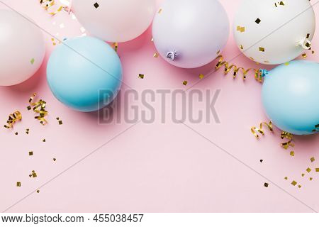 Background With Fastive Air Balloons Of Round Shape And Confetti, Multicoloured Top View. Birthday P