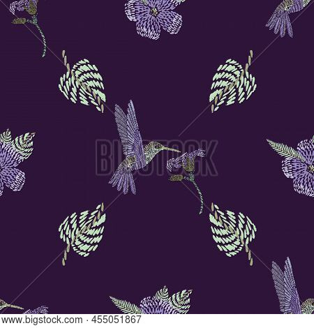 Oblique Flying Hummingbird Green Leaf With Small Purple Flower Seamless Pattern Isolated On A Dark P