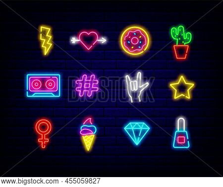 Pop Art Neon Icons Collection. Ice Cream And Donut. Cactus, Star And Diamond. Summer Signboard. Cute
