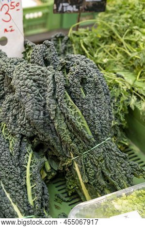 Bunch Of Dark Green Fresh Cavolo Nero Black Cabbage Leaves On Market