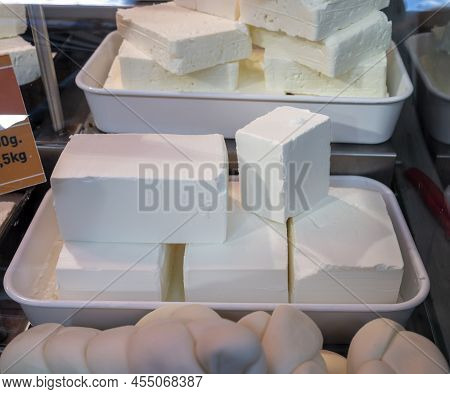 White Soft Salted Feta Cheeses On Market Display